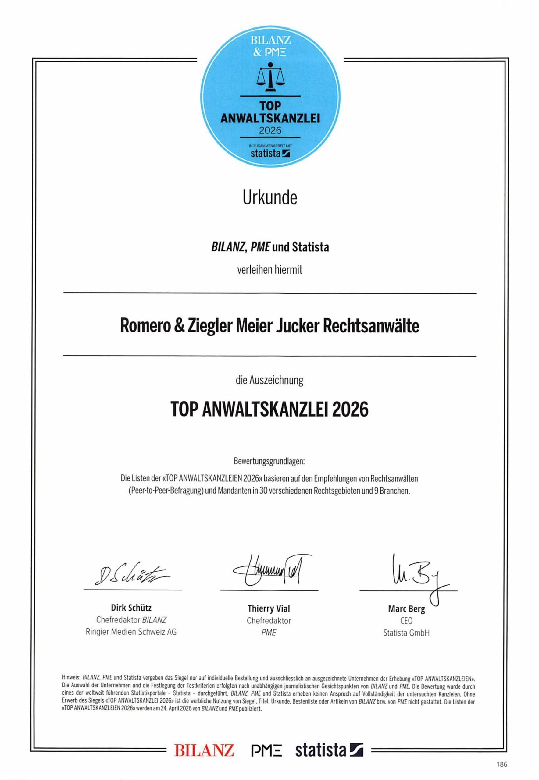 Urkunde „Top Anwaltskanzlei 2026“ für Romero & Ziegler Meier Jucker, verliehen von BILANZ, PME und Statista.